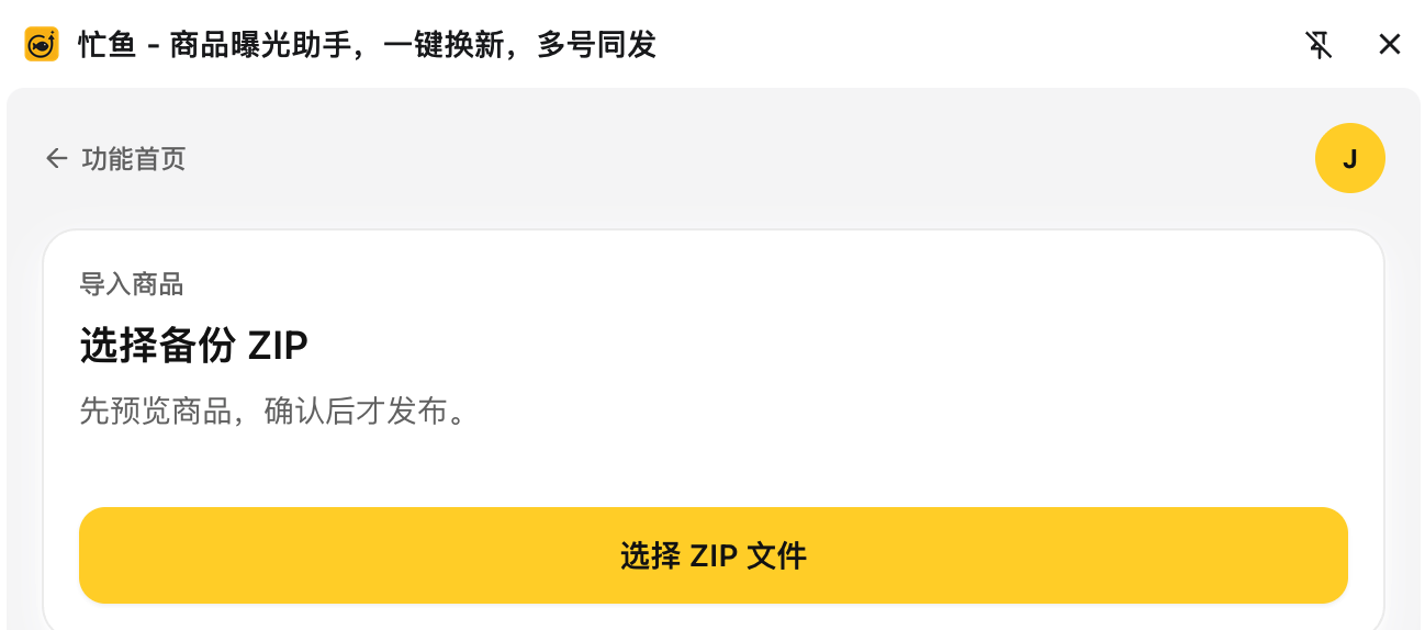 导入页初始态:「选择商品备份」和「选择 ZIP 文件」按钮
